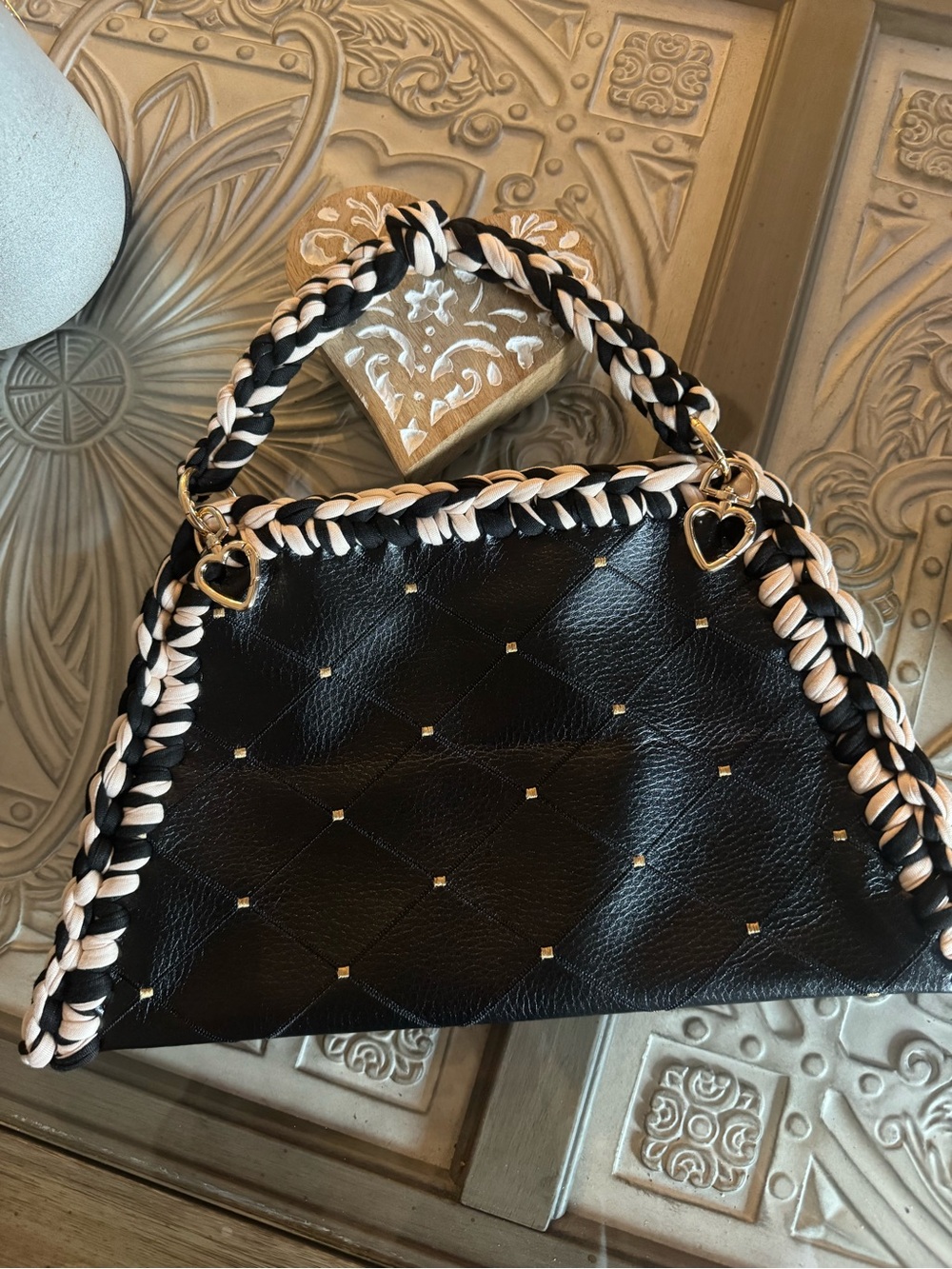 Bonita Bolso Black Quilted Top-Handle Women's Bag with Braided Trim by Yvonne